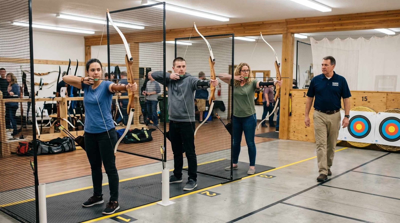 Three beginner archers lined up at an indoor archery range during a group lesson, coach observing form from behind