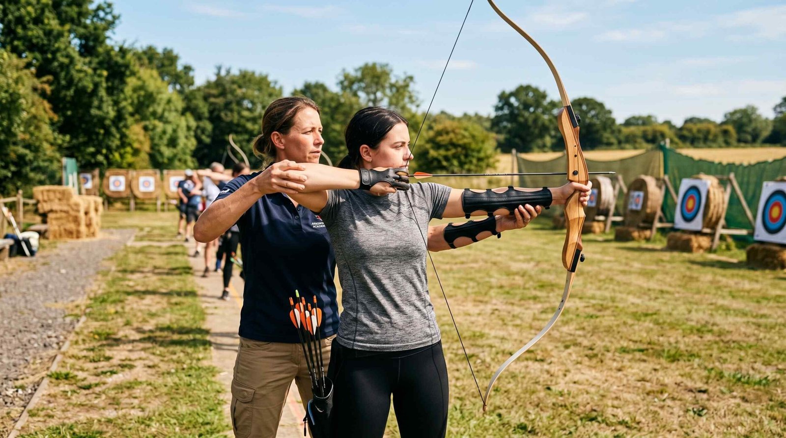 A coach guiding a student's bow arm position during a private one-on-one archery lesson at an outdoor range