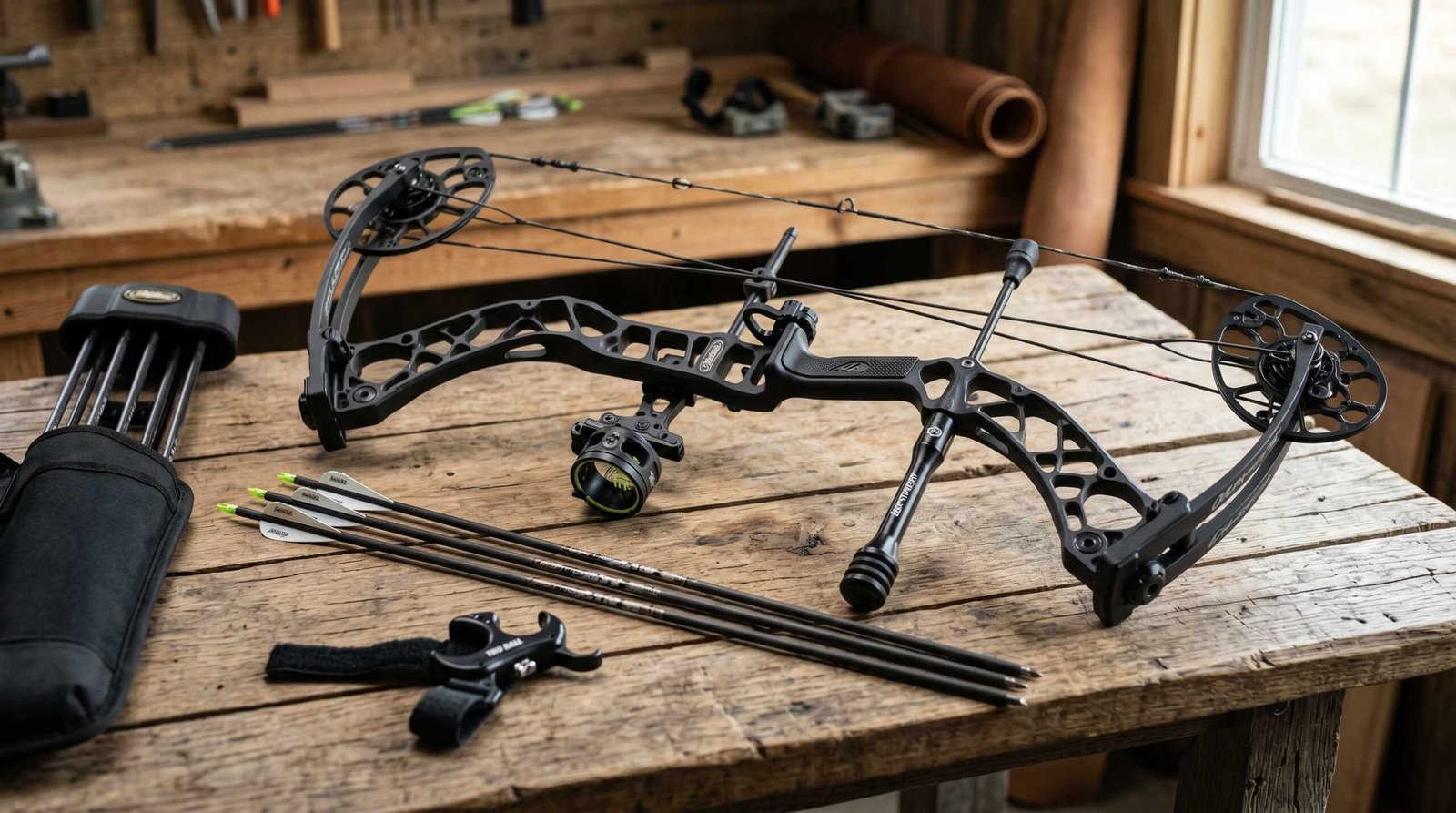 compound bow with accessories including sight quiver and arrows arranged on a wooden workbench