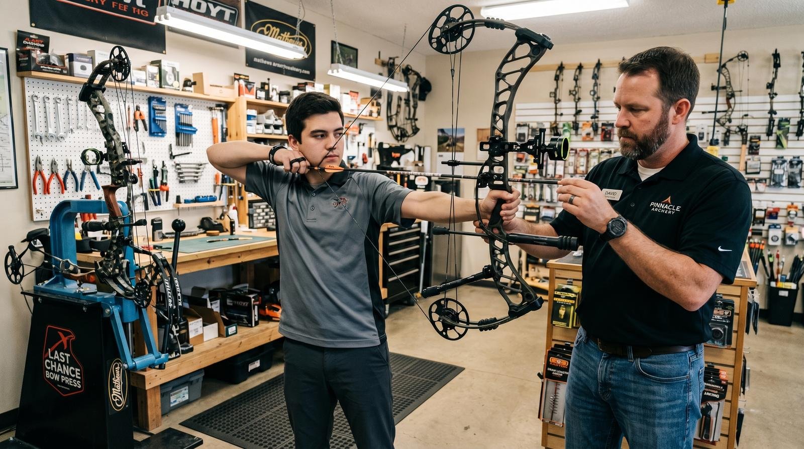 Archery pro shop technician measuring draw length for a bow fitting session