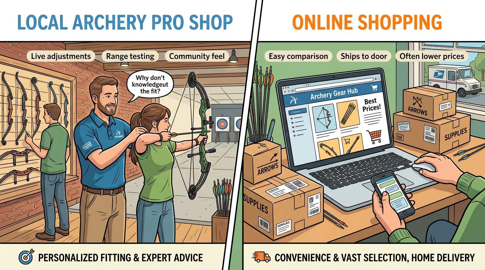Side-by-side comparison of archery pro shop in-person service versus shopping for archery equipment online