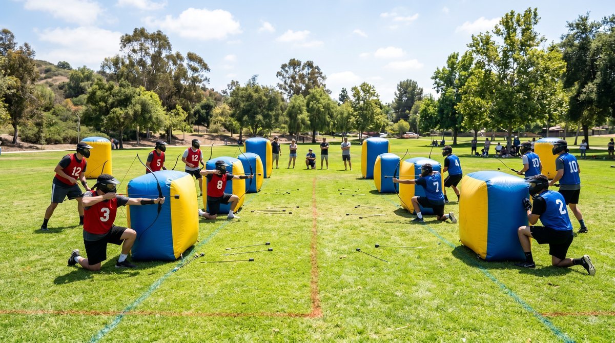 Two teams playing archery tag on an outdoor grass field, crouching behind inflatable bunkers and aiming bows at each other