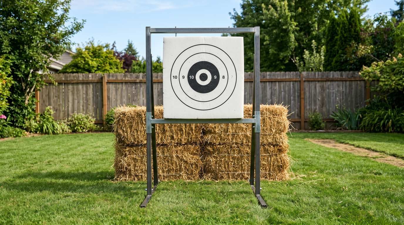 H-frame metal archery target stand with a foam block target mounted on it, positioned in front of hay bale backstop in a backyard archery range