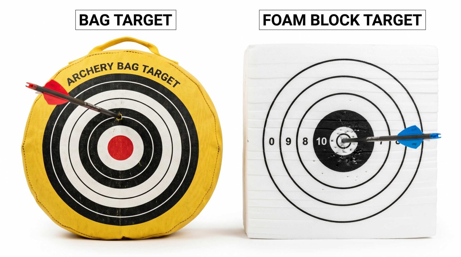 Side-by-side comparison of a bag archery target (left) and a foam block archery target (right), each with an arrow embedded showing different penetration depths