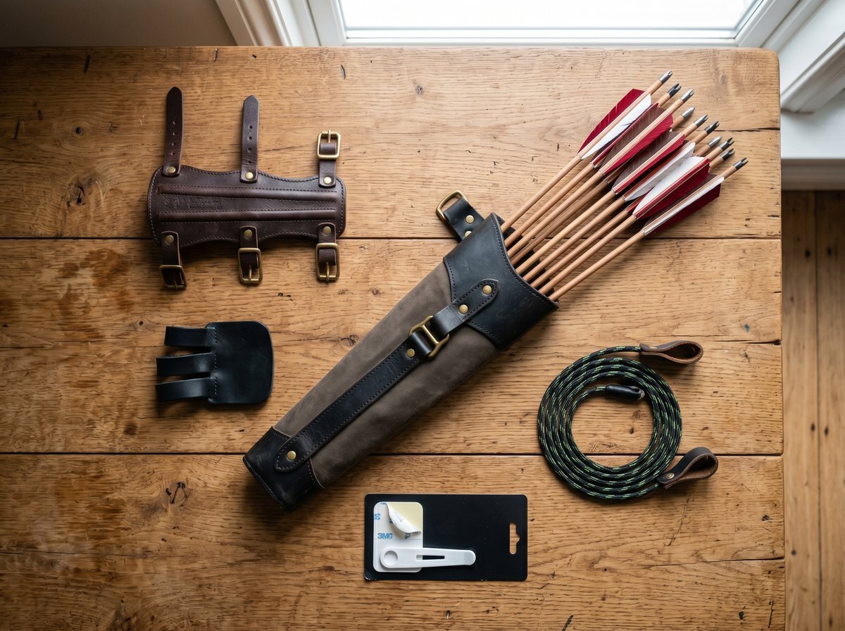 Essential recurve bow accessories for beginners including arm guard, finger tab, quiver, bow stringer, and arrow rest
