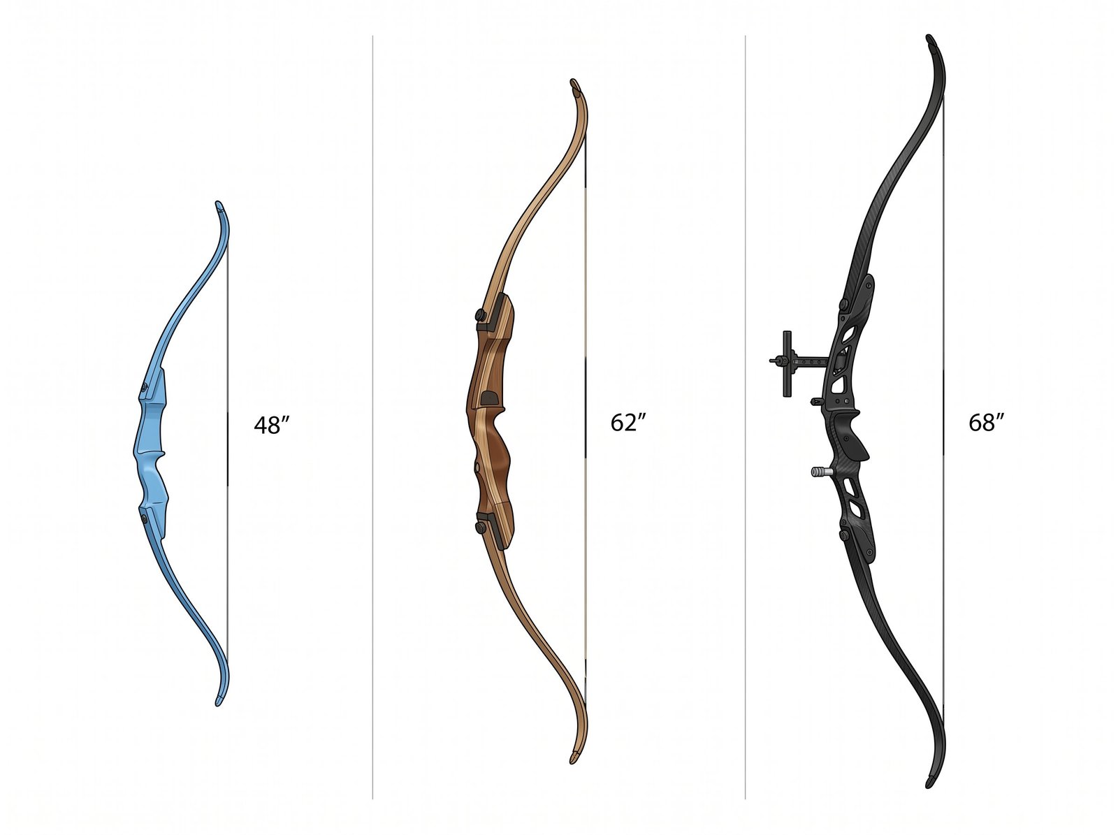 Three recurve bows shown side by side comparing youth, beginner adult, and competition sizes