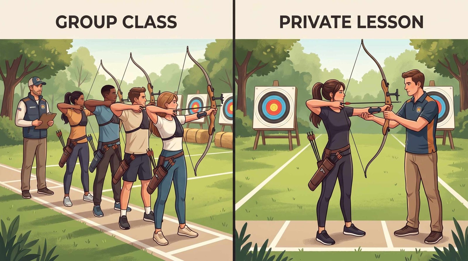 Split illustration comparing group archery classes on the left with private one-on-one archery lessons on the right