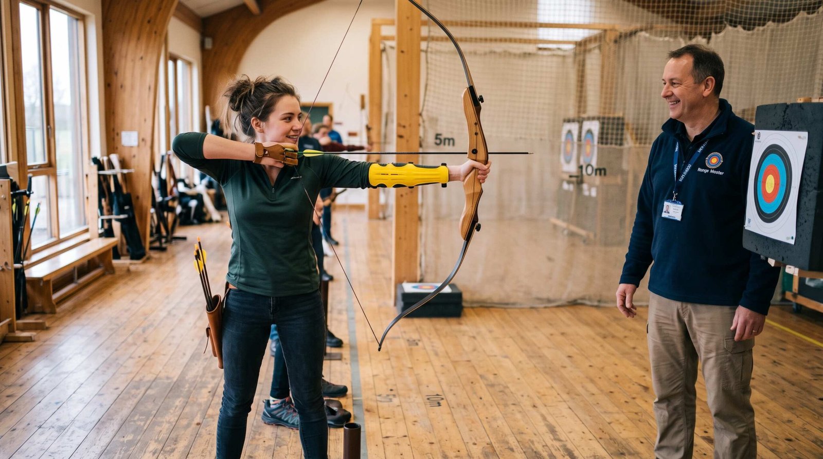 A beginner drawing a recurve bow for the first time in an archery class, wearing a yellow arm guard, with an instructor guiding nearby